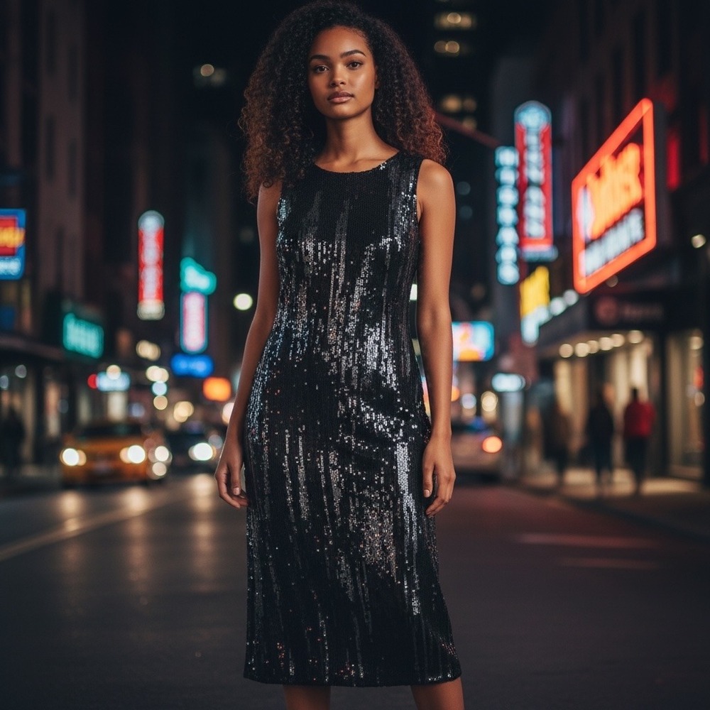 Scoop Sequin Midi Dress Womens XL Black Sleeveless Sheath Round Neck Zip